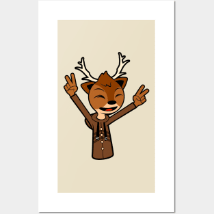 Happy Reindeer With Two Raised Peace Hand Signs Posters and Art